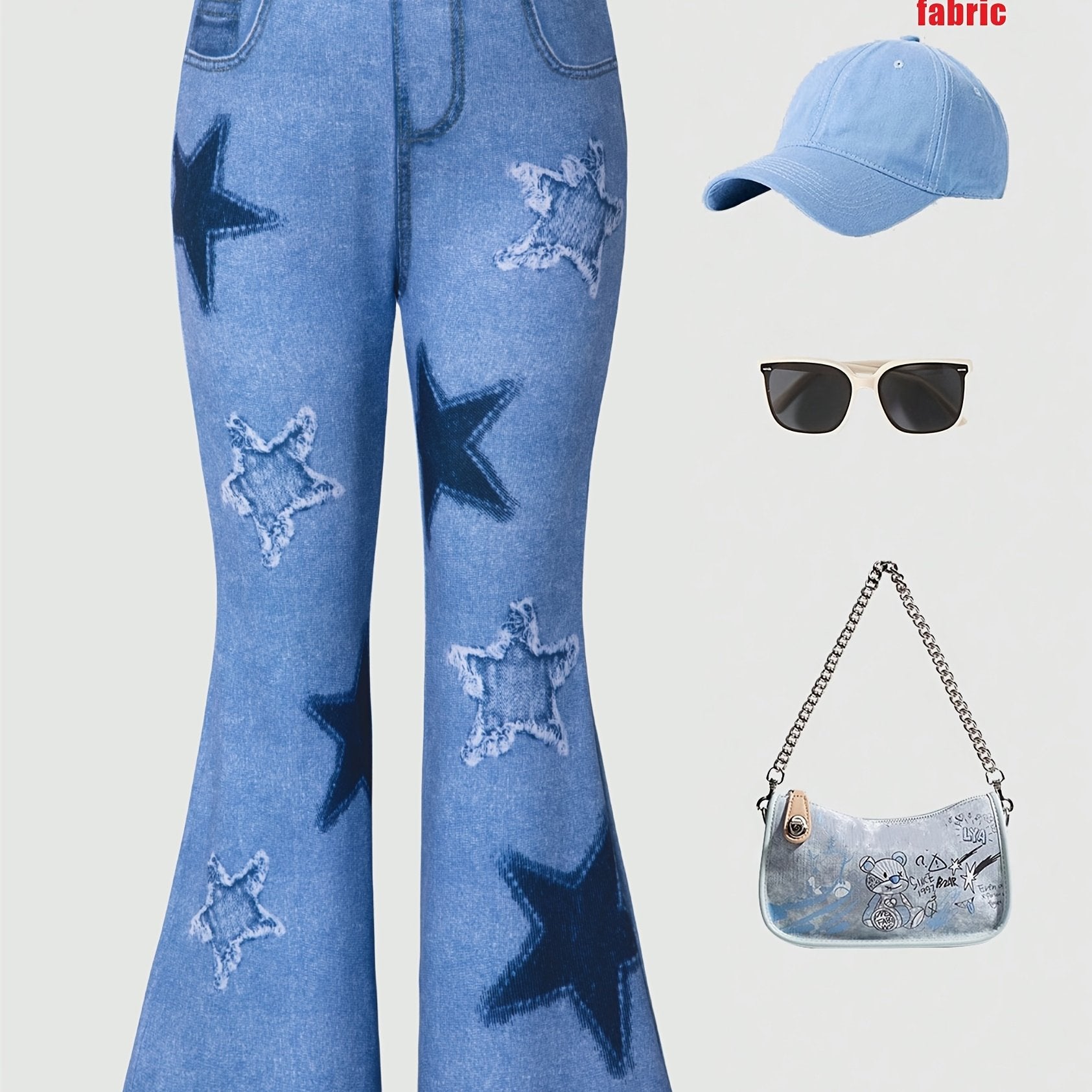 Girls Flare Jeans with Star Print Faux Pockets Elastic Waist for Spring Fall Casual