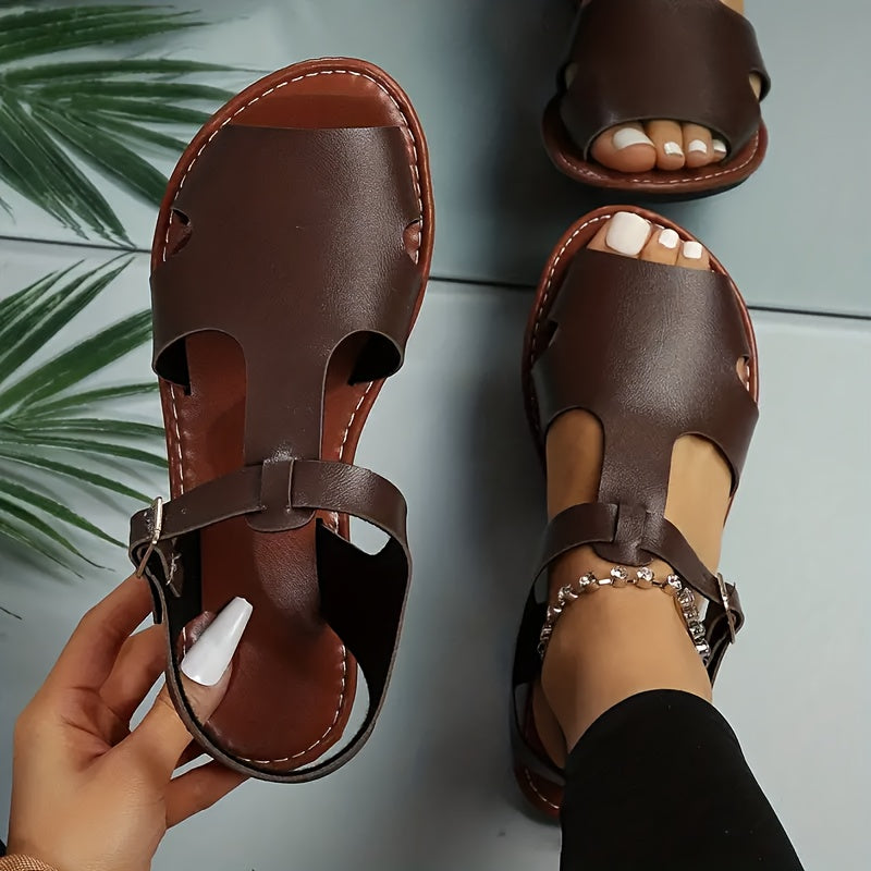 Women's Red Faux Leather Peep-Toe Flat Sandals for Summer Casual