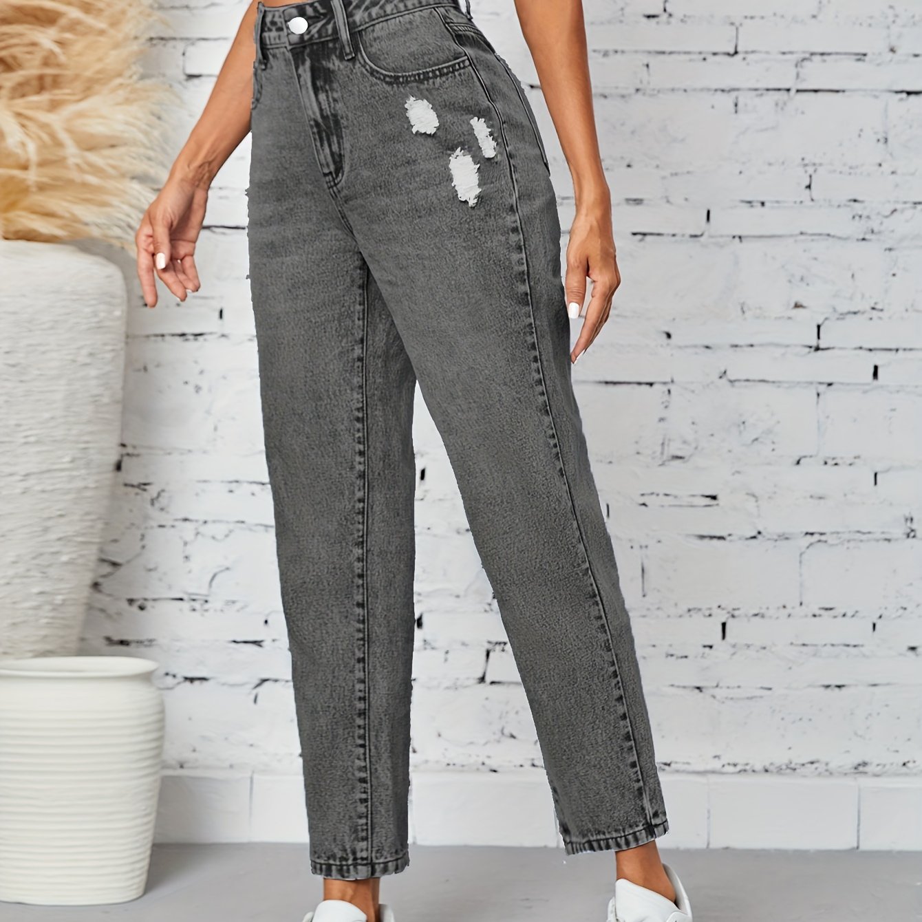 Women's Ripped High-Waisted Denim Jeans Grey Black Stretch Straight Leg Casual