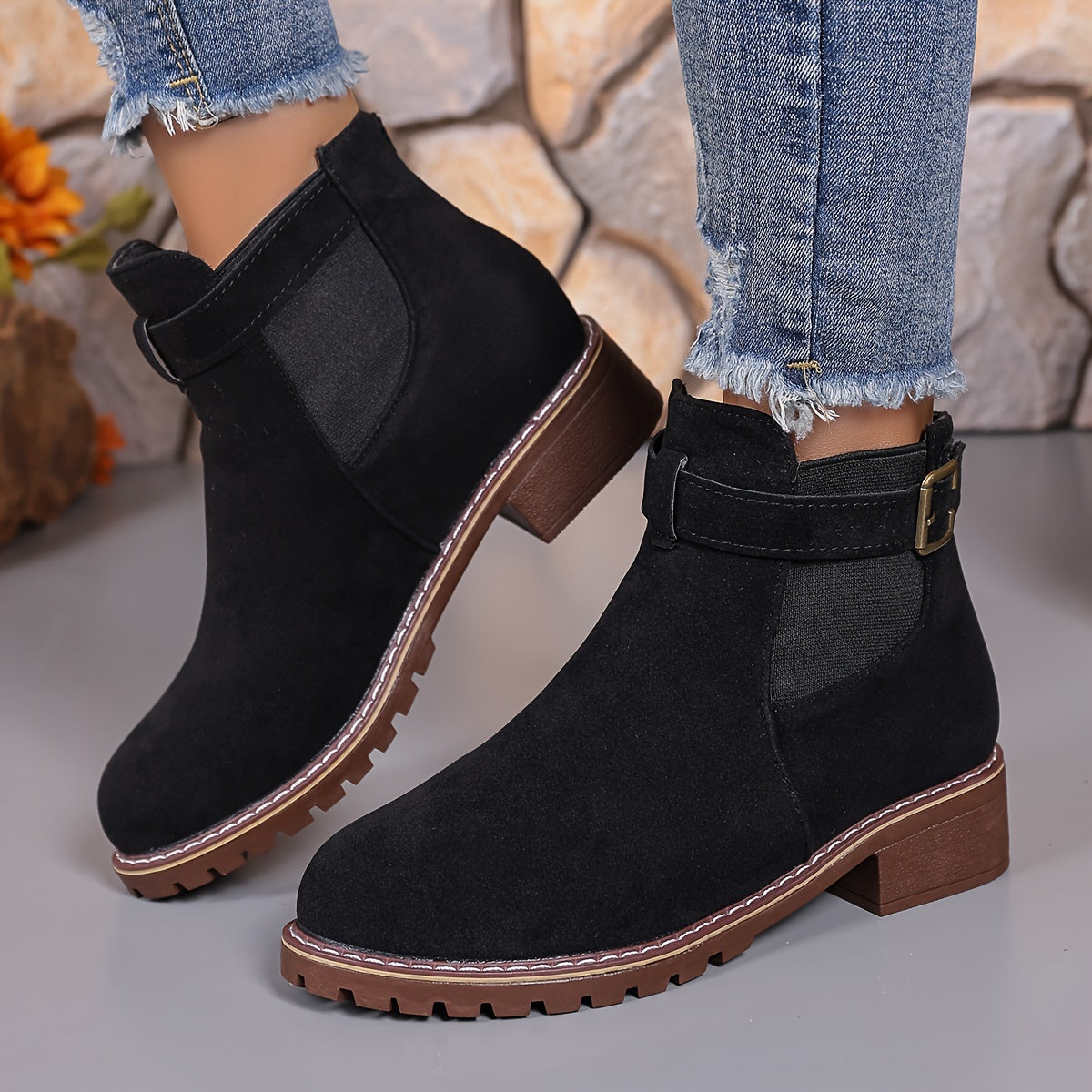 Women's Chunky Heel Ankle Boots Faux Cover Upper TPR Sole Mid-Calf
