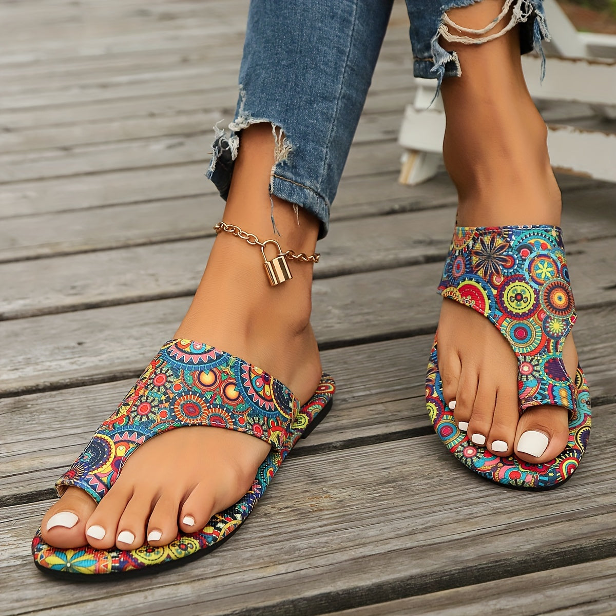 Women's Bohemian Flower Pattern Slide Sandals Open Toe Flat Summer Casual