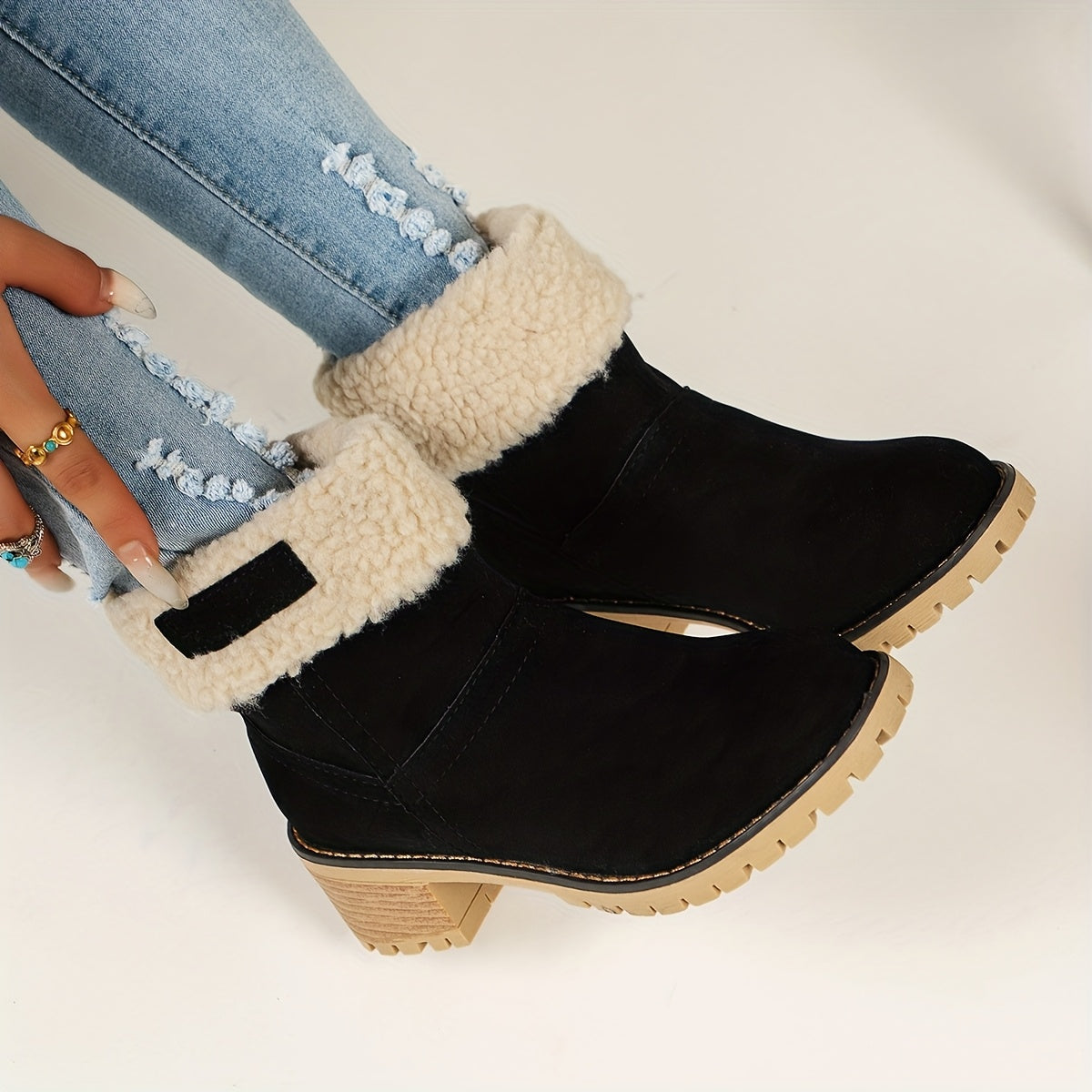 Women's Fleece-Lined Ankle Boots Winter Mid-Calf Thick Rubber Sole