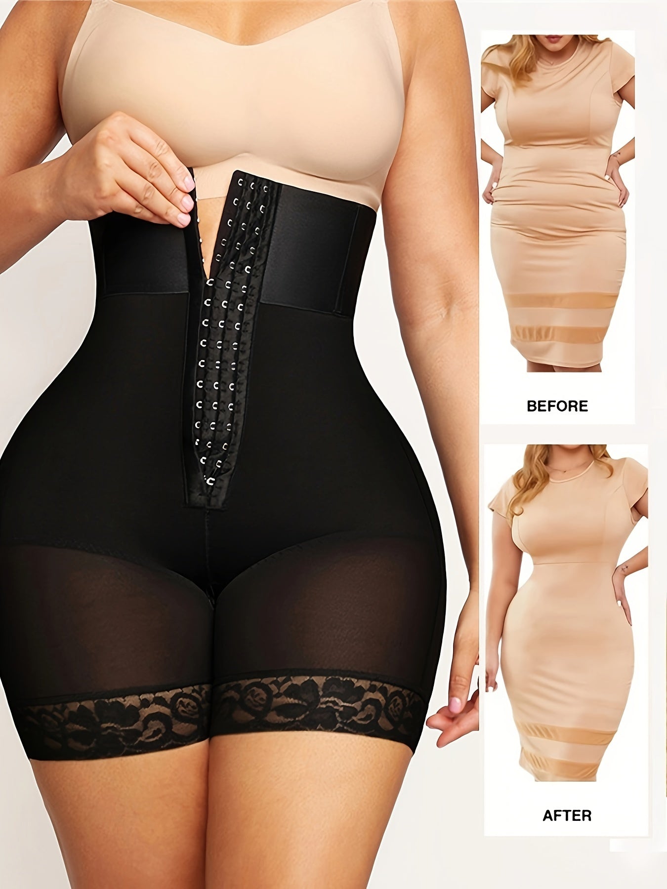 High Waist Shapewear Shorts Solid Color with Contrast Lace Adjustable Waist Nylon Spandex