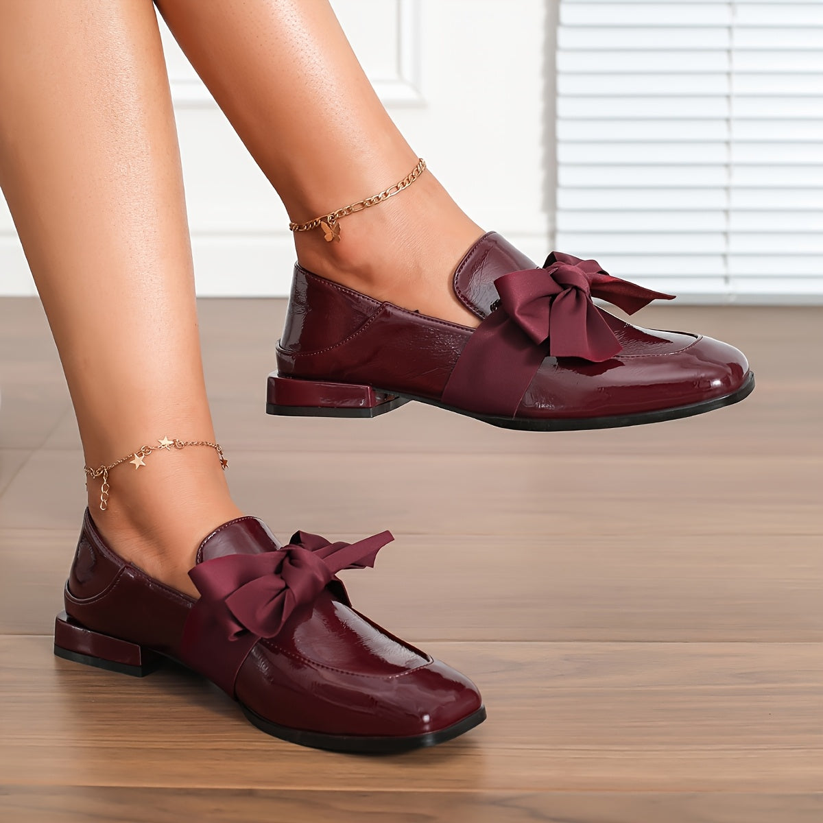 Women's Burgundy Bow Mules with Contoured Low Heel and Square Toe