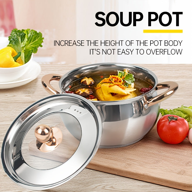 Zanglamaydigan po'latdan yasalgan sho'rva qozonlari to'plami, oltin tutqichlar bilan, qalinlashtirilgan konstruktsiya, olma shaklidagi idishlar