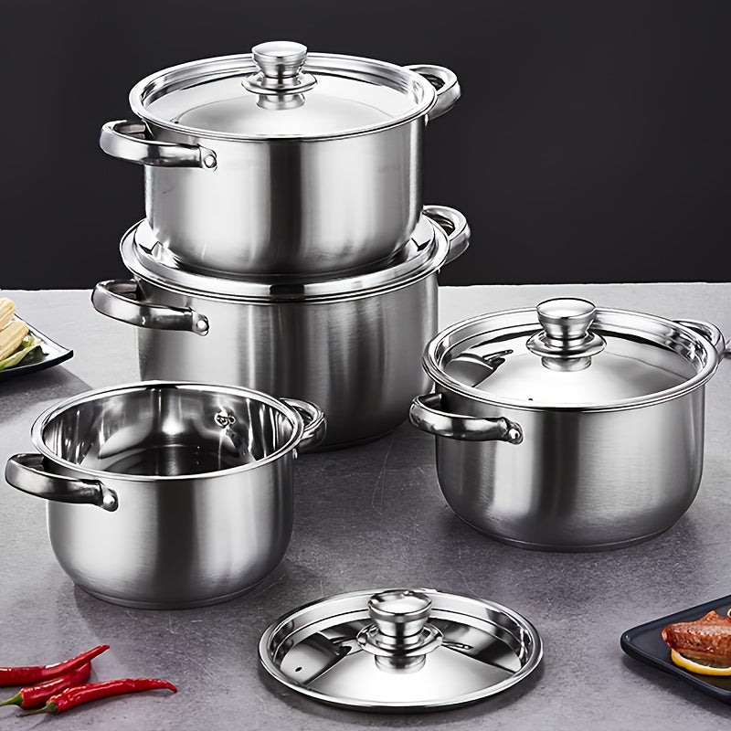 Set of 8 Stainless Steel Cookware Pots and Lids for Kitchen and Restaurant Use