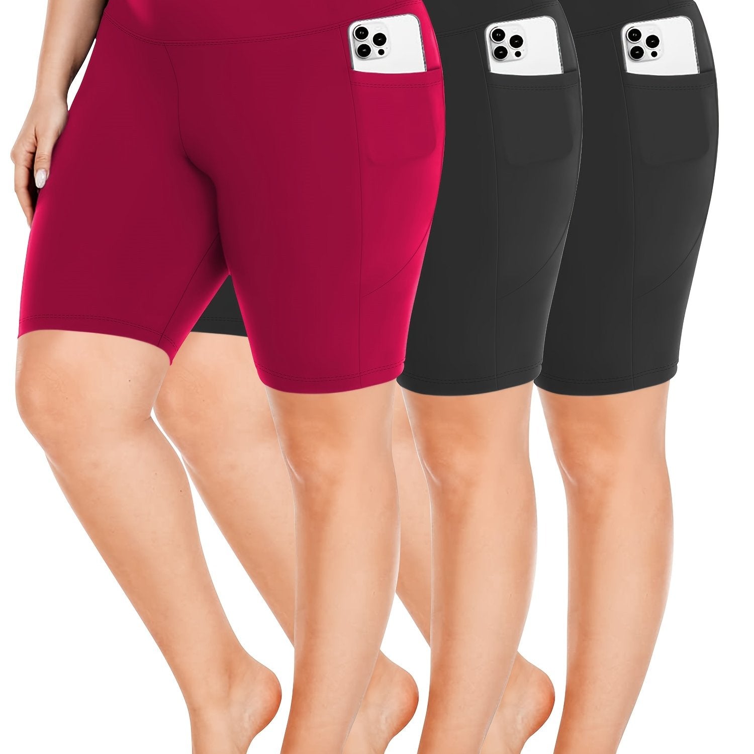 Ayollar uchun yoga shortlari polyester elastan, to'liq qora, 3-to'plam, elastik, shaffofsiz bo'lmagan