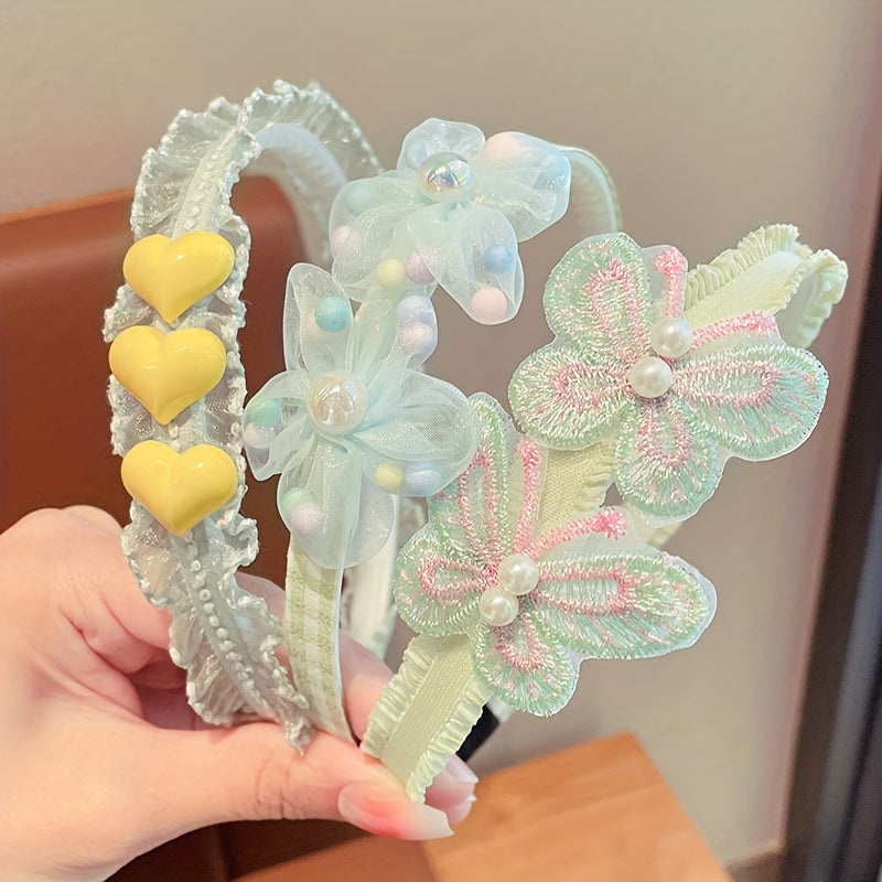 Set of 3 Lace Floral Mesh Headbands with Non-Slip Grip and Bow Accents