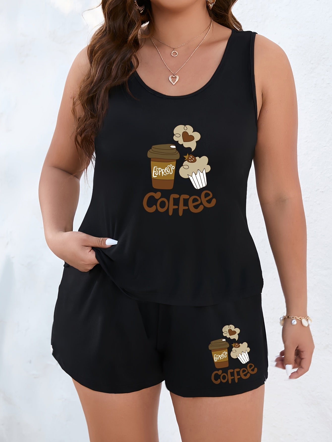 Women's Plus Size Coffee Print Pajama Set Polyester Casual All-Season