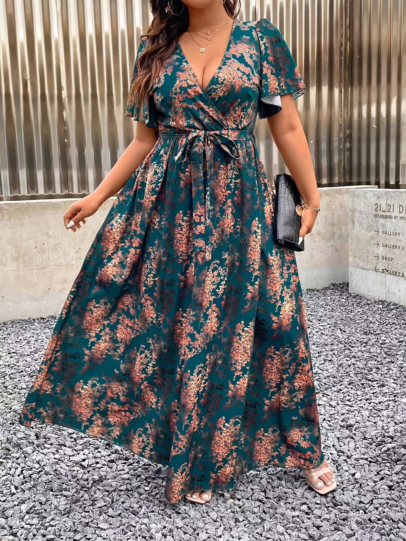 Women's Polyester Midi Tunic Dress with Floral Print Ruffle Sleeves and Belt