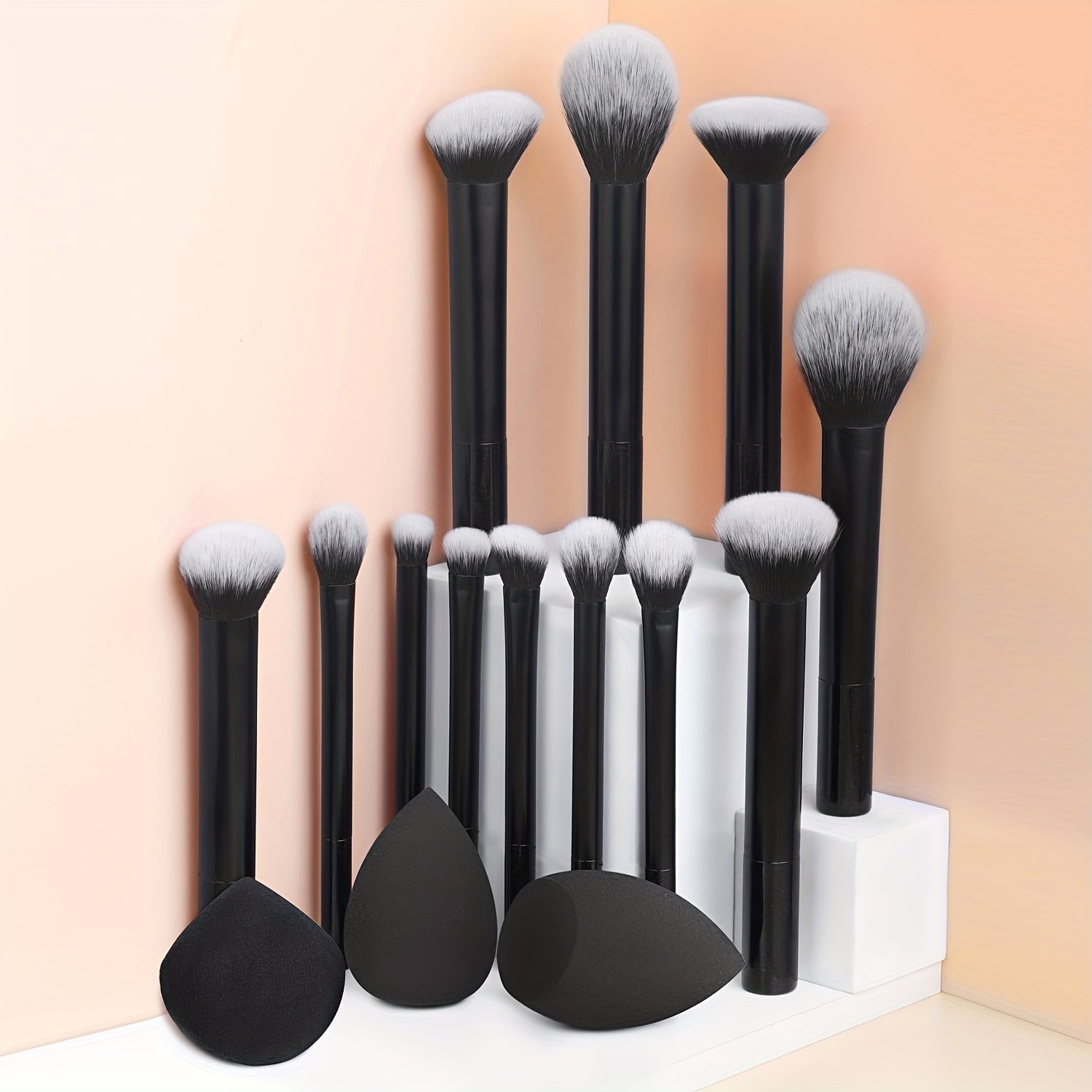 12-Piece Professional Makeup Brush Set with Nylon Bristles, Palm Brushes, Sponges and Powder Puff
