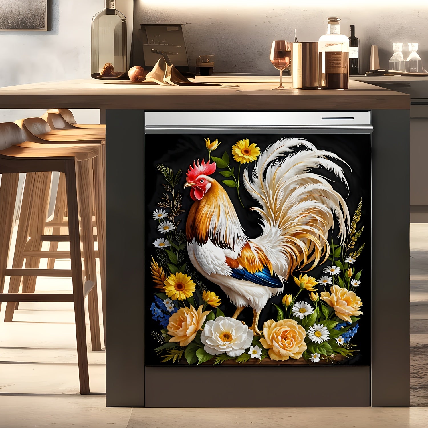 Наклейка на стену Farmhouse Kitchen Decal Rooster Floral Wreath PVC 58x66 см для холодильника и посудомоечной машины, декор