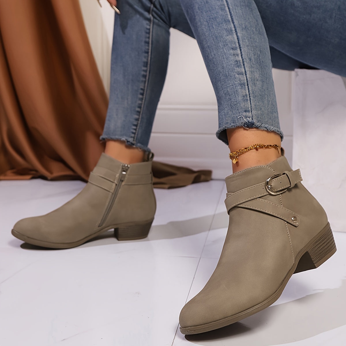 Women's Nude Short Ankle Boots Low Heel Side Zipper
