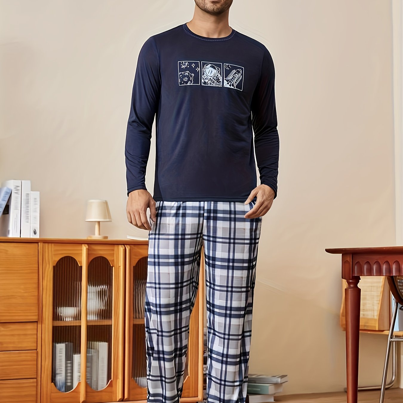 Conjunto de pijama de galaxia para hombre, de punto de poliéster con elastano, de manga larga, para otoño e invierno