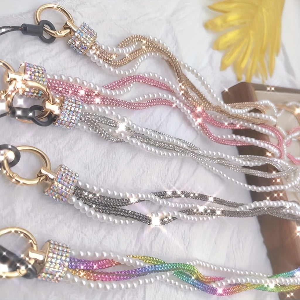 Pearl Rhinestone Long Lanyard PVC Phone Key Holder with Universal Attachment