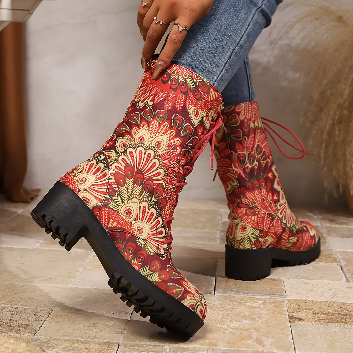 Women's Plus Size Floral Print Riding Boots Black Pink Red All-Season
