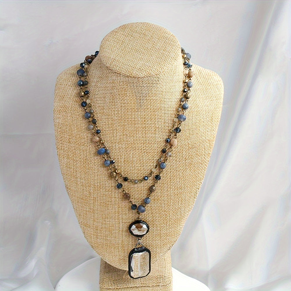 Unisex Tribal Style Necklace with Natural Stone Crystals and Glass Chains for Spring and Summer