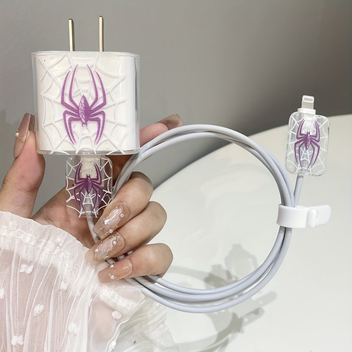 TPU Spider Pattern Charger and Cable Protector Set for iPhone 20W Adapter Durable Port Cover