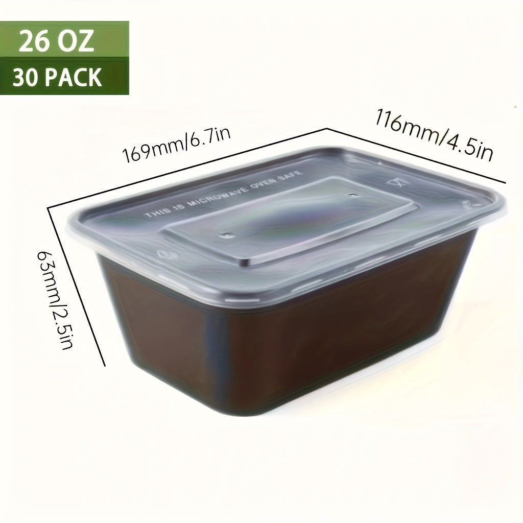 Pack of 30 Black Plastic Food Storage Containers with Lids, Leakproof, Microwave Safe