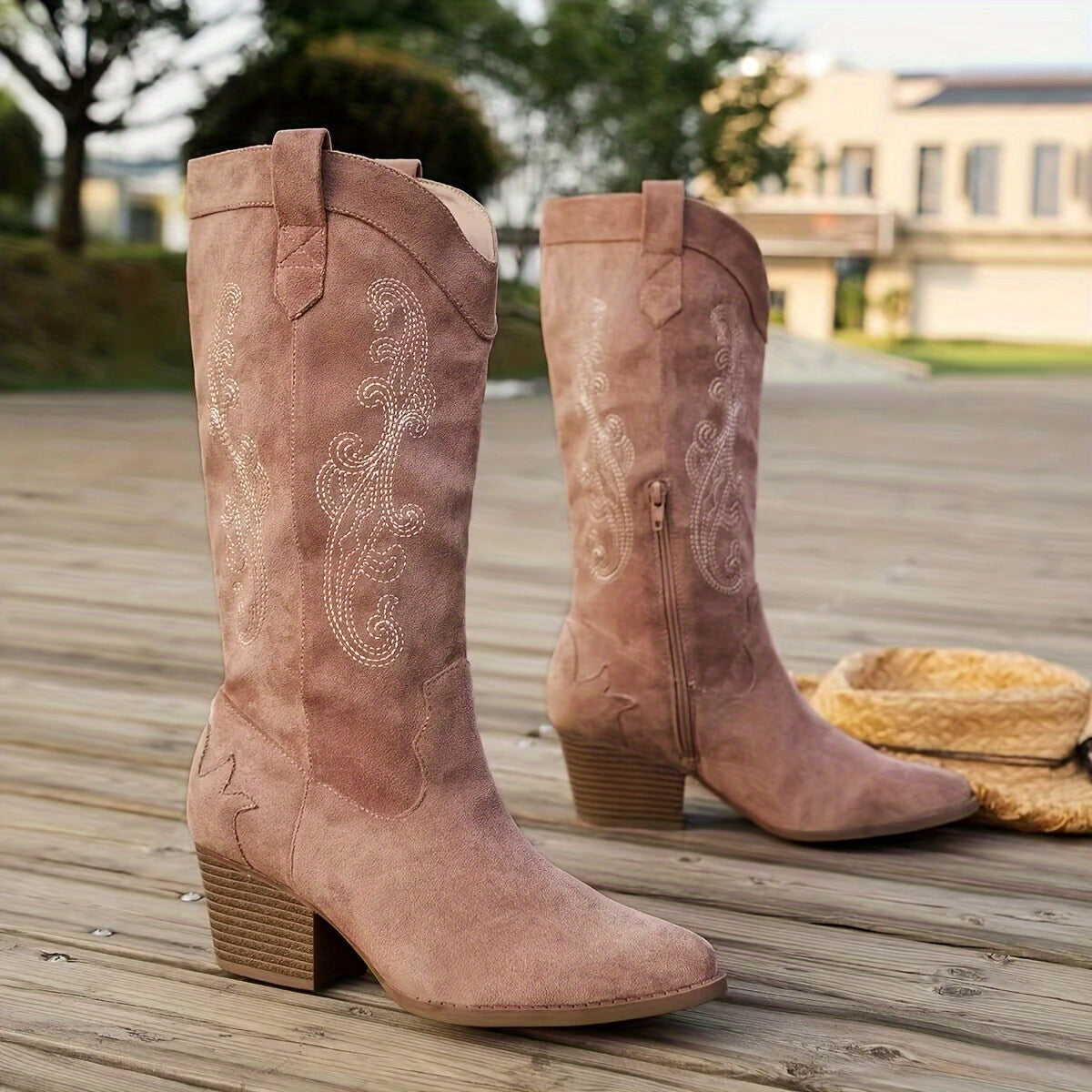 Women's Light Green Embroidered Cowboy Boots Pointed Toe Mid-Heel