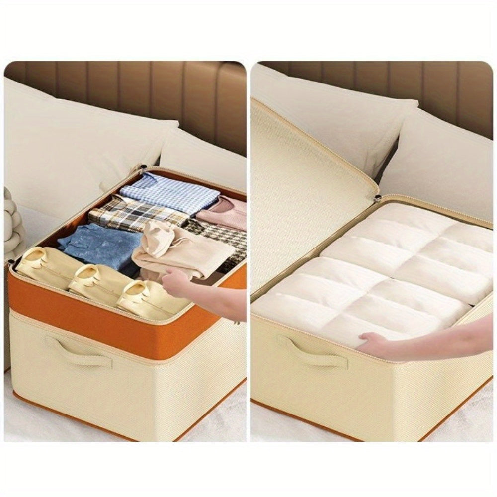 Katta sig'imli ikki qatlamli kiyim saqlash qutisi, apelsin va bej matoda, kir va aksessuarlarni tartibga solish uchun mukammal. To'rtburchak shakli, yostiq ostida saqlash uchun zip yopilishi.