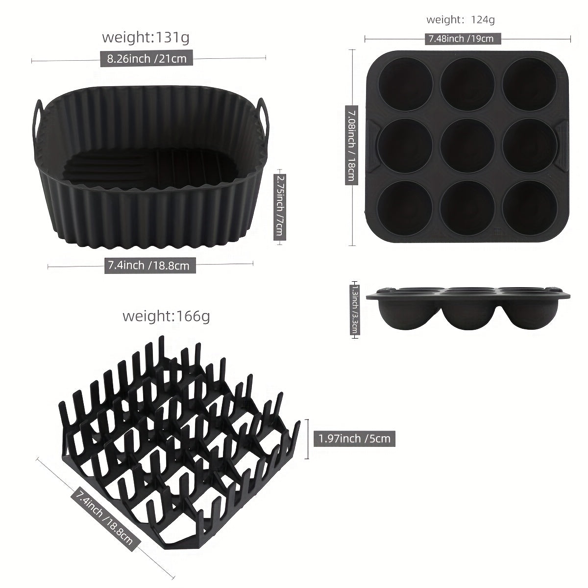 Square Silicone Air Fryer Accessories Set with Bacon Rack Cake Mold and Liner Black