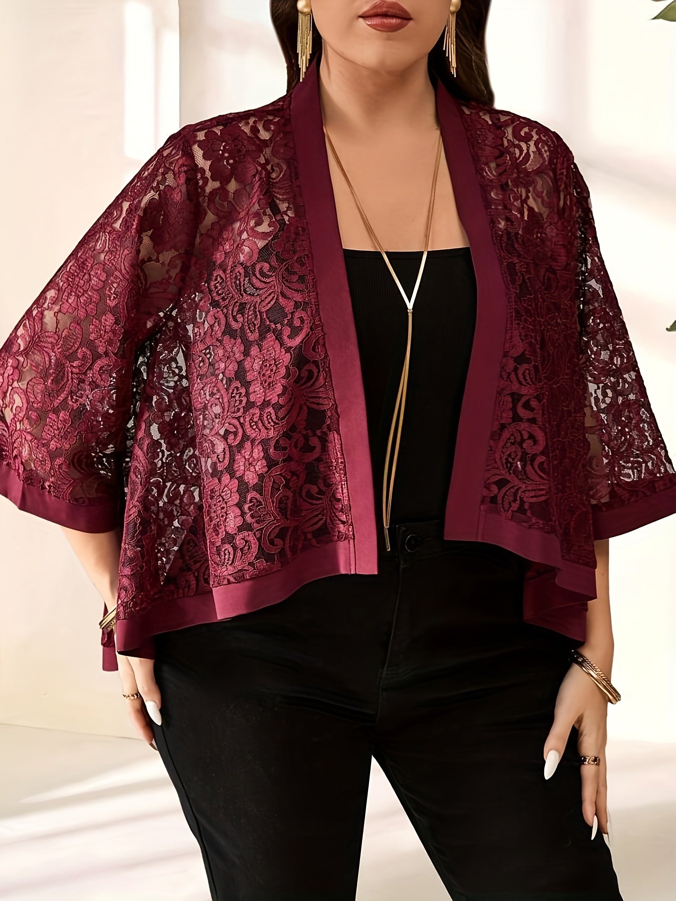 Plus Size Lace Cardigan Lightweight Semi-Transparent Three-Quarter Sleeve Black Summer Top