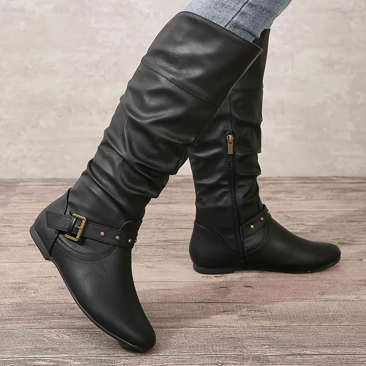 Women's Pleated Leather Knee High Western Boots with Buckle Strap