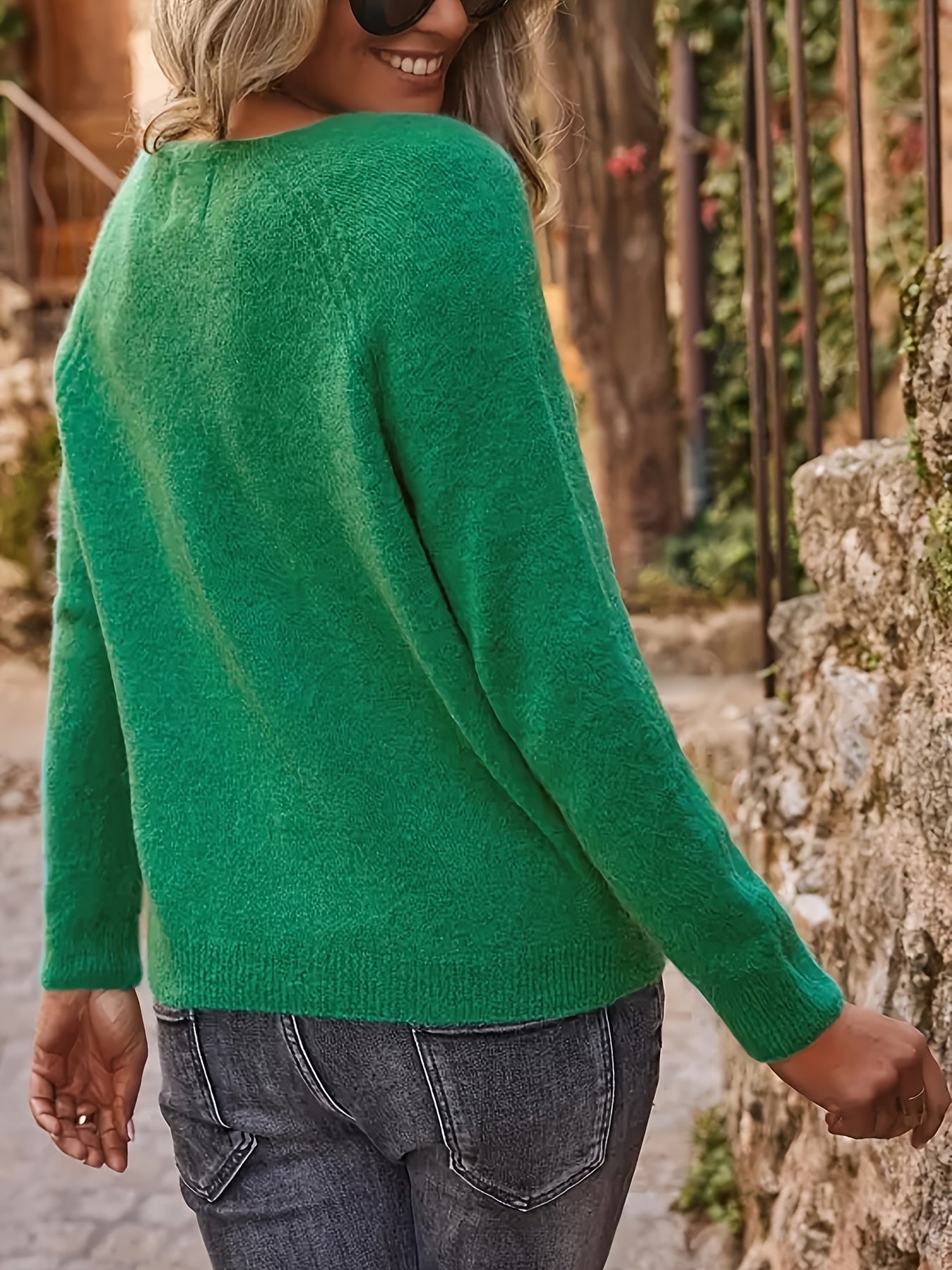 Women's Solid Color V-Neck Knit Cardigan with Raglan Shell Buttons