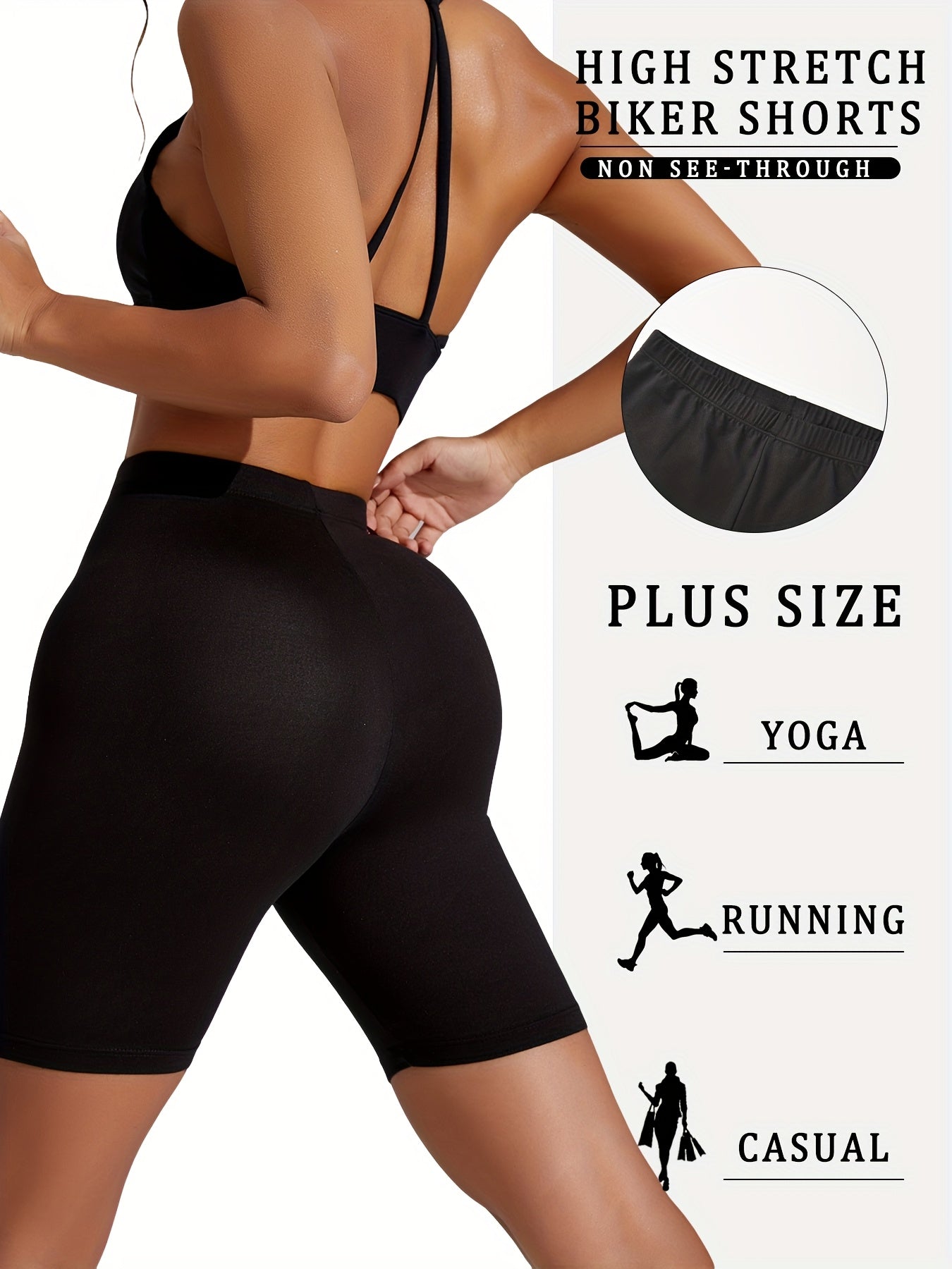 Plus Size Black High-Waisted Biker Shorts for Women, Stretchy Yoga Workout