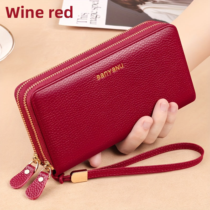 Women's Genuine Leather Wallet with Wristlet Burgundy Large Capacity Double Zip RFID Blocking