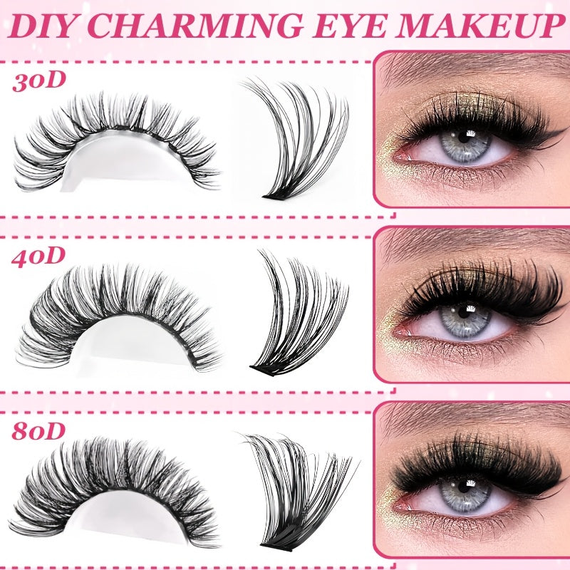 DIY Eyelash Extension Kit with 30P, 40P, 80P Clusters, 0.07mm C and D Curls, 8-16mm for Beginners