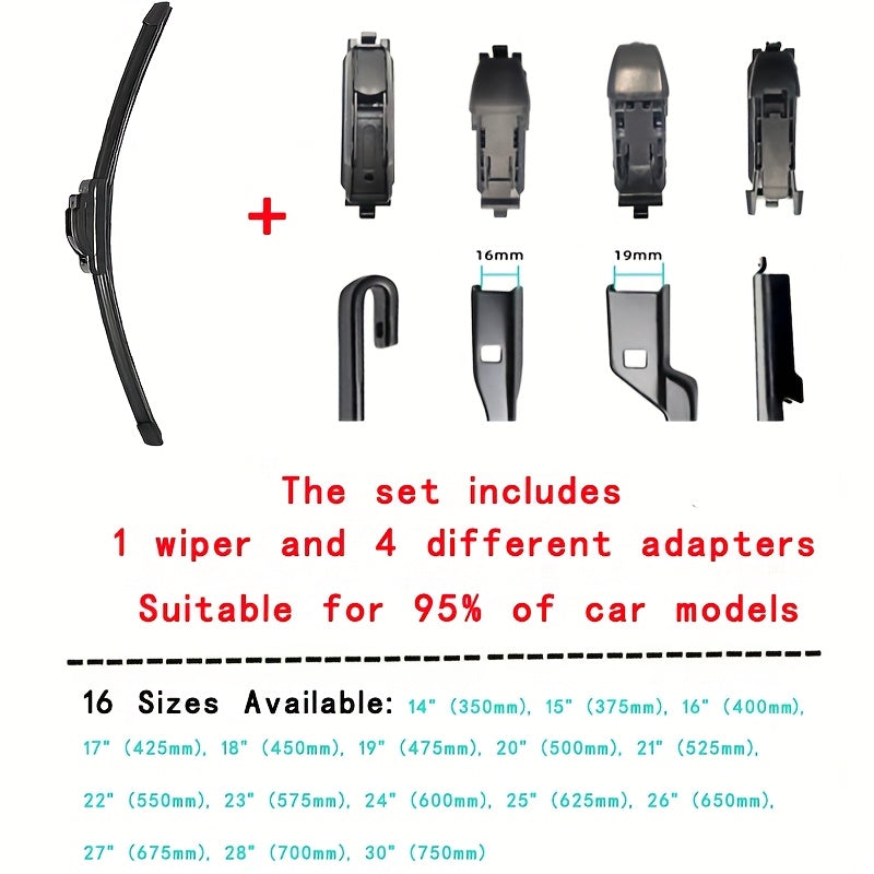 Car Windshield Wiper Blade Set with Adapters, Rubber, Multiple Sizes