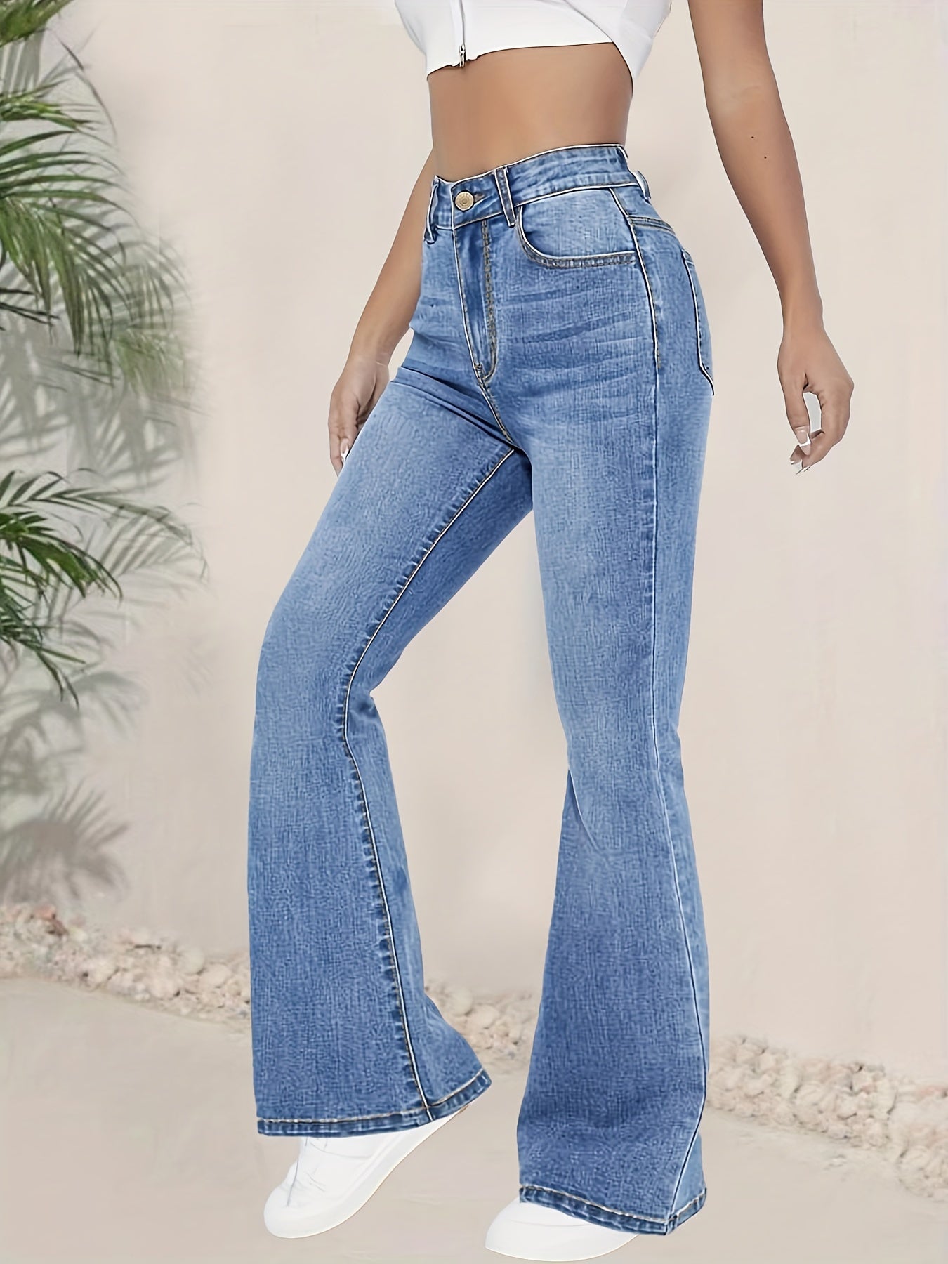 Women's High-Waist Flared Jeans in Blue Denim with Stretch and Long Length