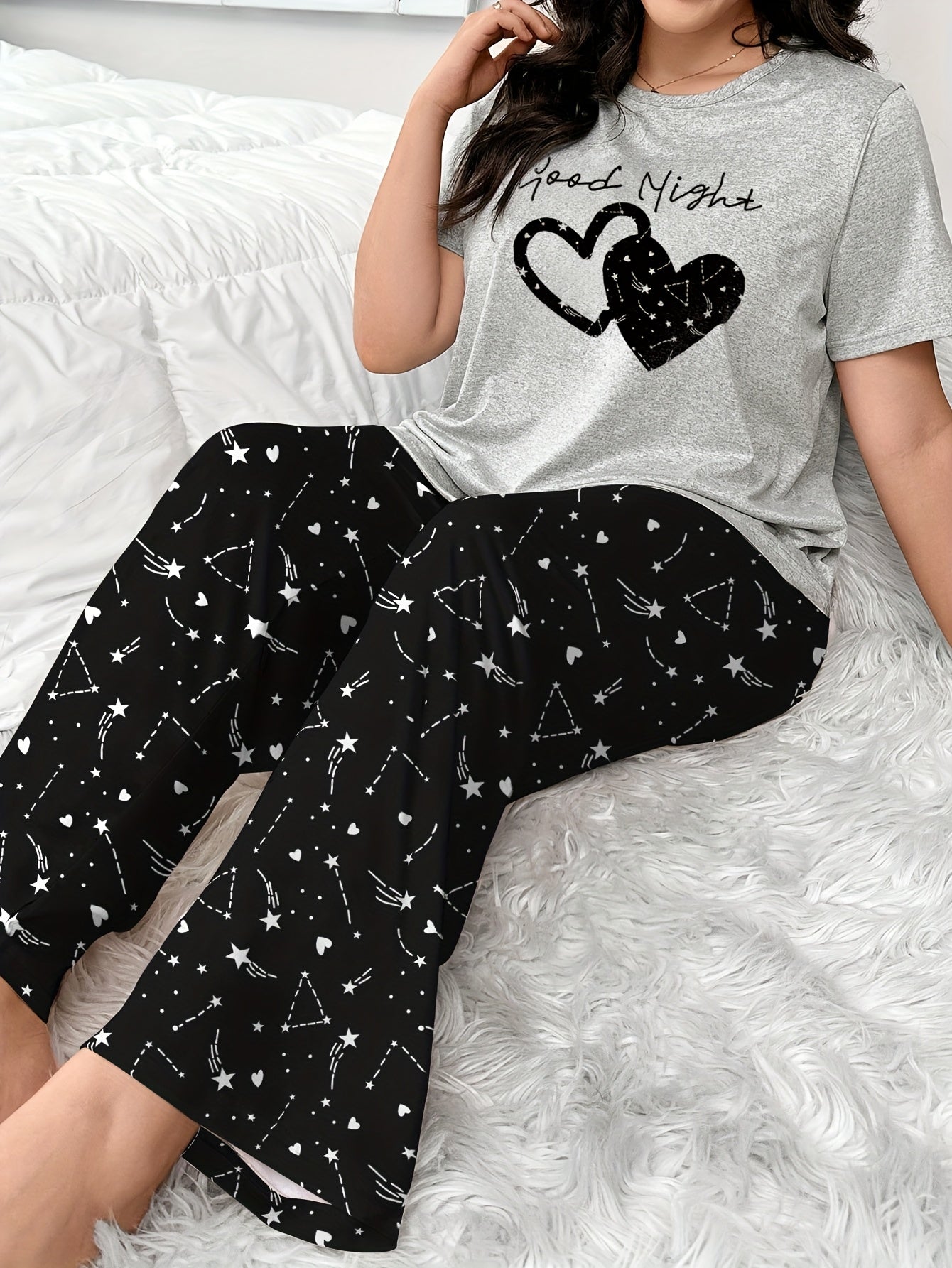 Plus Size Women's Nightwear Set with Graphic Tee and Pajama Pants