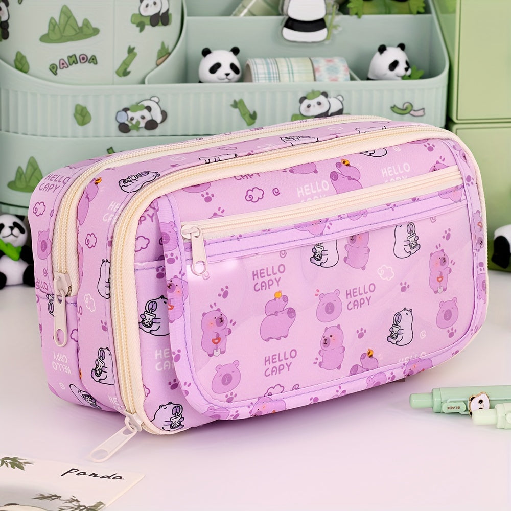 Kids Boys Girls Panda Cartoon Pencil Case with Multi-Layer Organizer Oxford Fabric Storage Box