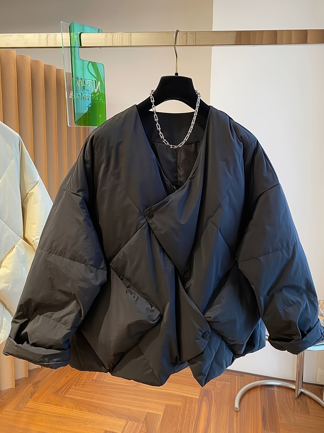 Women's Winter Coat V-Neck A-Line Nylon Thermal Insulated Long Sleeve Solid