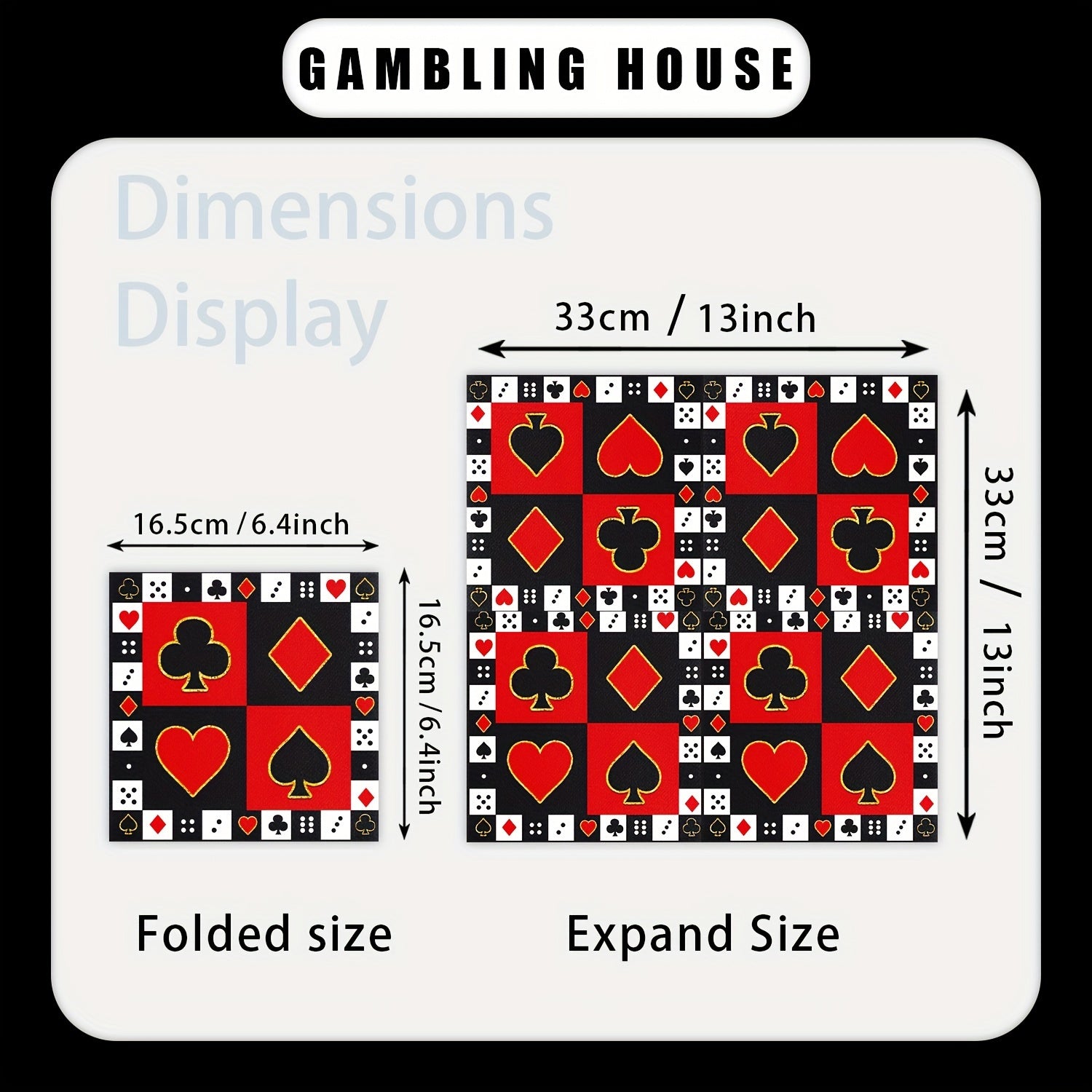 Qayta ishlatilmaydigan Poker mavzusidagi kokteyl salfetkalar 16.26x16.26 sm, partiyalar va bayramlar uchun