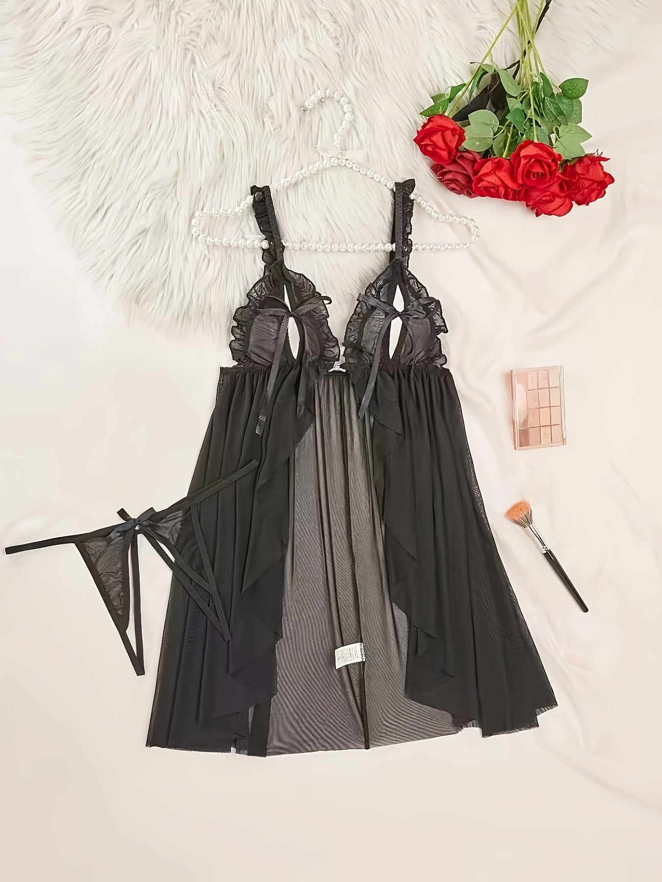 Women's Sheer Mesh Nightgown with Bow Detail Polyester Elastane Light Support Sleepwear