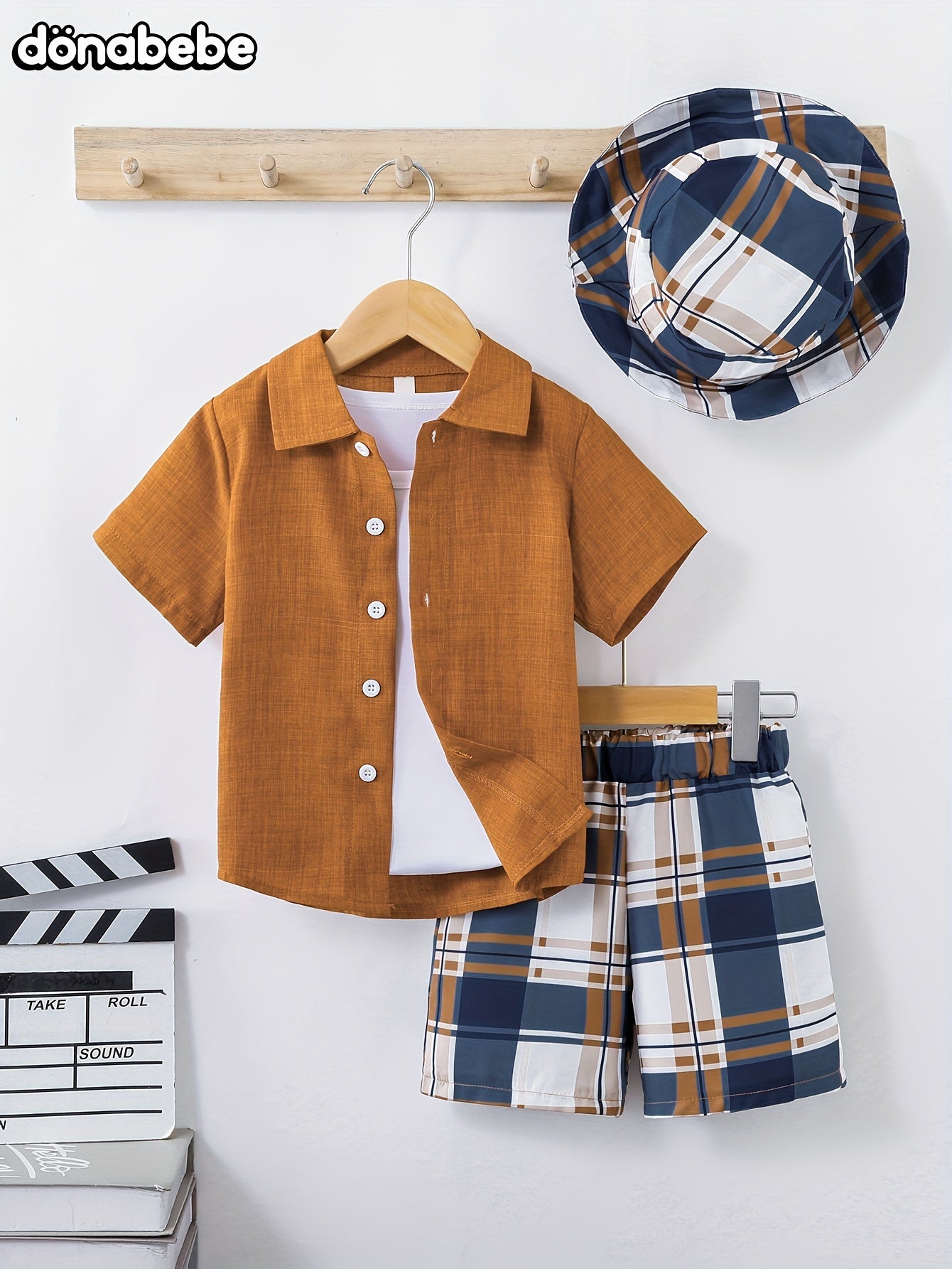 Kids Boys Summer Outfit 3-Piece Solid Color Shirt Plaid Shorts Hat Age 1-8