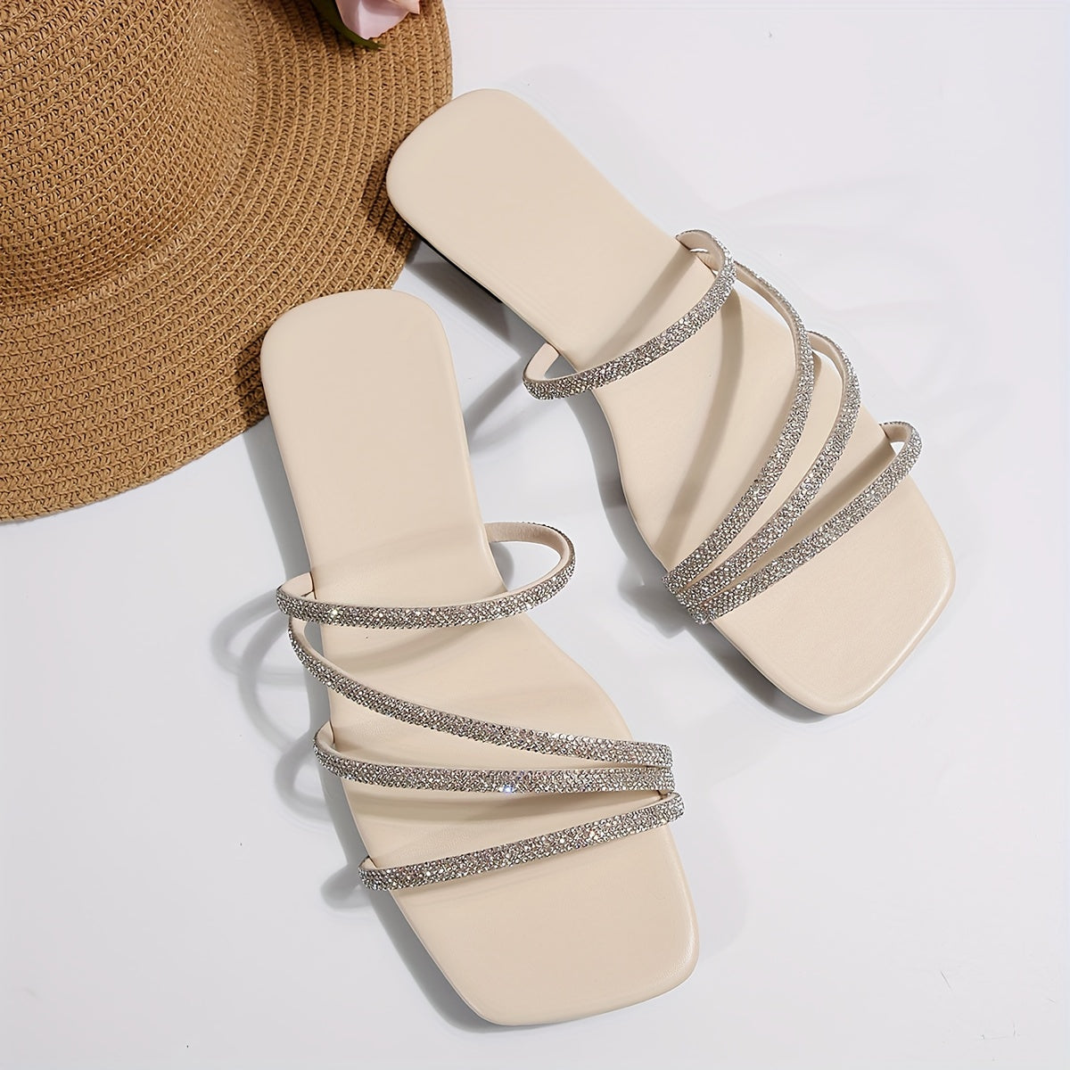 Women's Faux Leather Slide Sandals Open Toe Rhinestone Flat Shoes