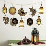 14/10pcs Eid Mubarak Paper Hanging Ornaments with 5m Hemp Rope for Ramadan Party Decorations