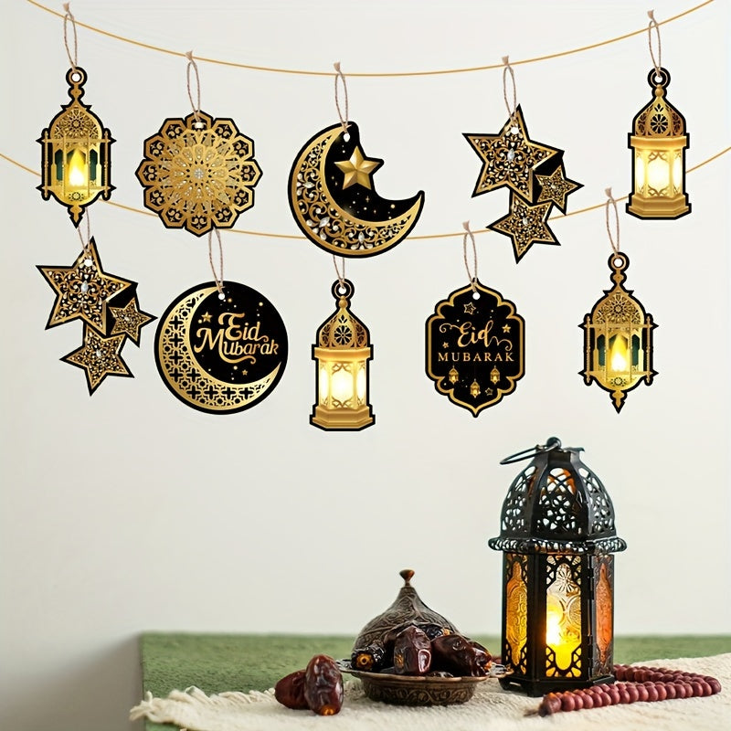 14/10pcs Eid Mubarak Paper Hanging Ornaments with 5m Hemp Rope for Ramadan Party Decorations