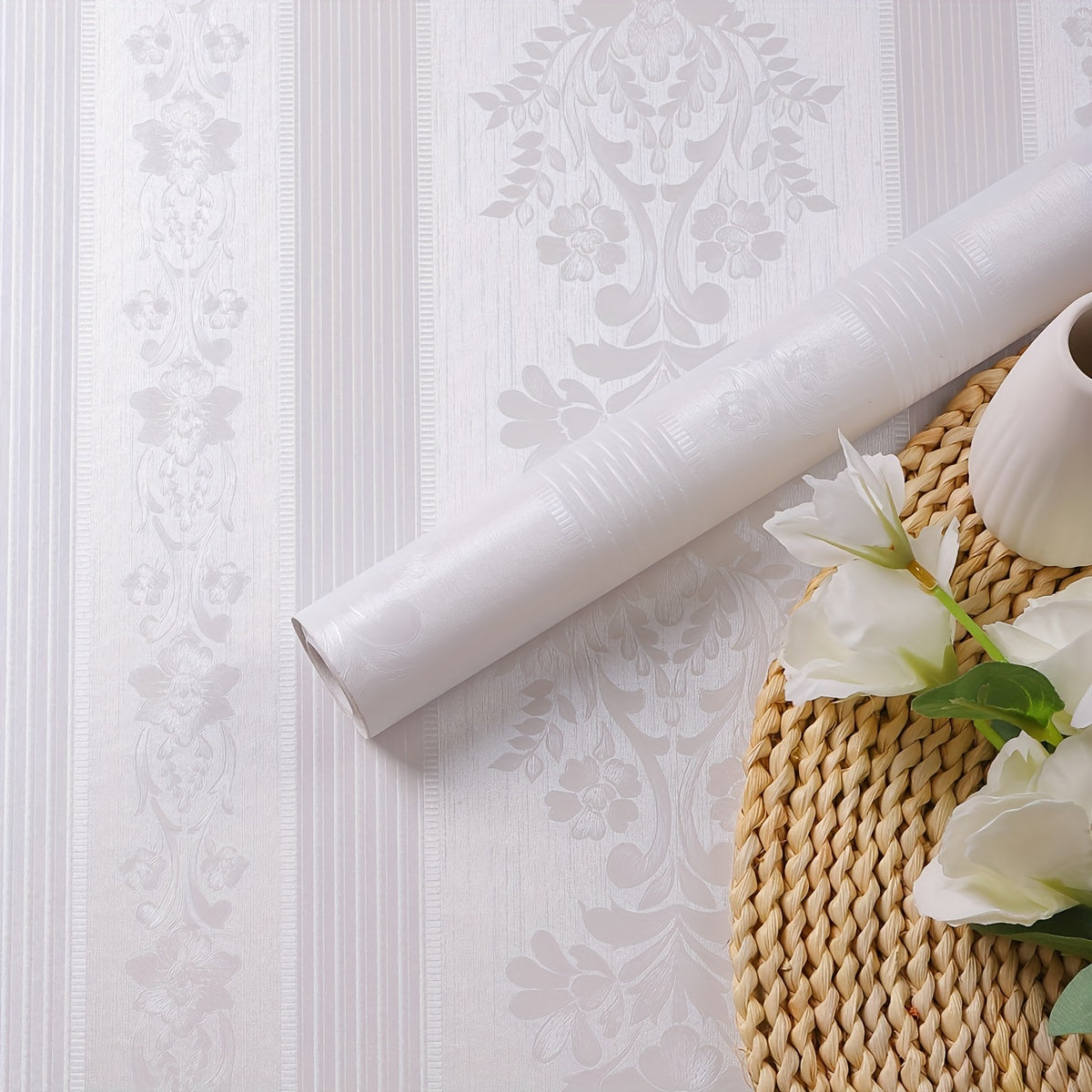 White Striped Floral Peel and Stick Wallpaper Waterproof Easy Clean Self-Adhesive for DIY Home Decor