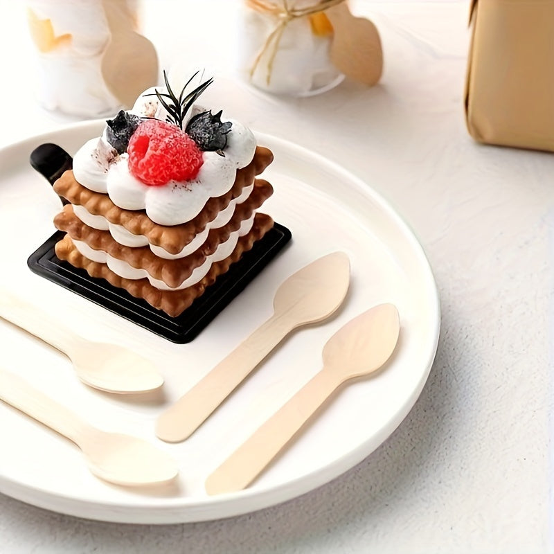 100 Eco-Friendly Disposable Birch Spoons for Cake Ice Cream Dessert