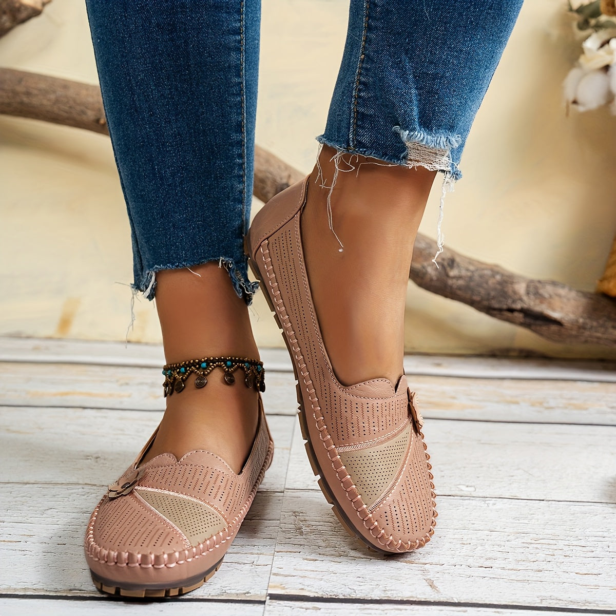 Women's Breathable Flat Shoes with Floral Embellishment and Bow in Beige