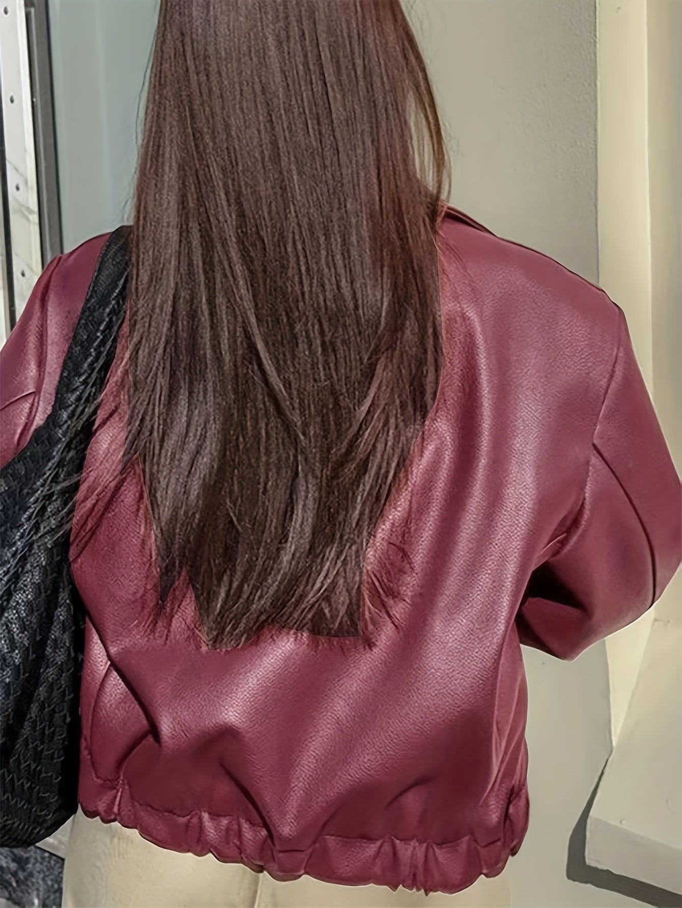 Women's Retro Motorcycle PU Jacket Casual Solid Color All-Season Lapel Style