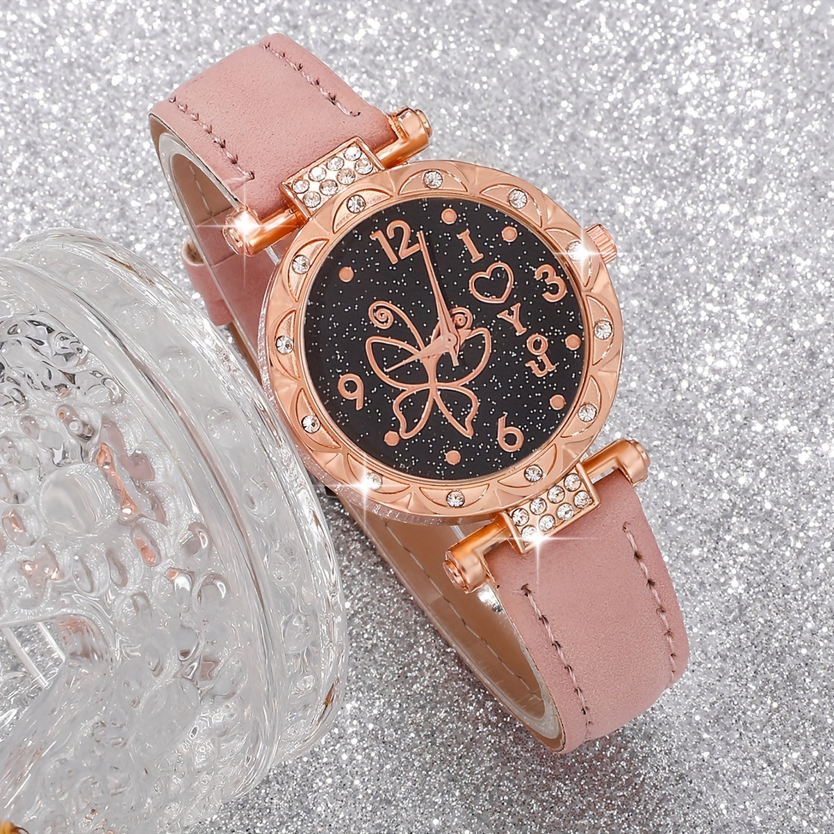 Women's Butterfly Themed Quartz Watch and Jewelry Set with 6 Pieces Zinc Alloy Case Leather Band