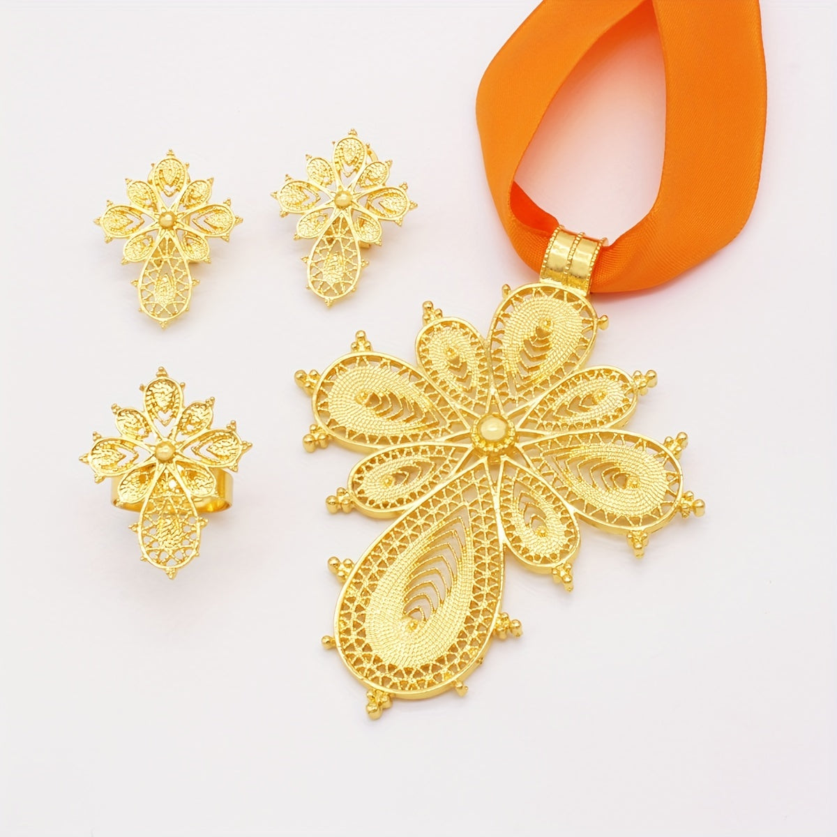 Gold Plated Jewelry Set with Earrings Necklace and Ring for Evening Parties