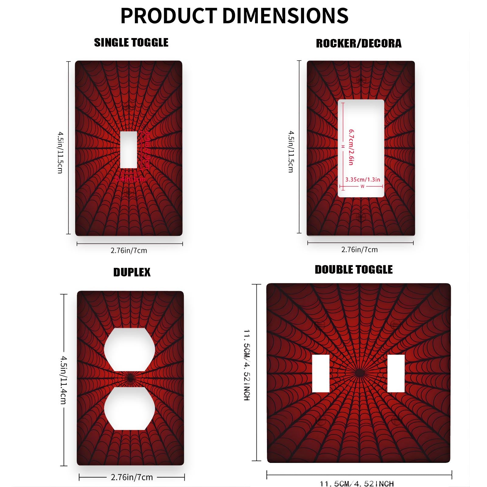 "O'rgimchak to'ri dizayni yengil, kalit qopqog'i uchun, simlar kerak emas, o'rnatish oson, qizil va qora ranglarda mavjud, hammom, yotoqxona, yashash xonasi bezatish uchun 1-gang yoki 2-gang o'lchamlarida."